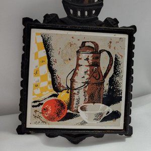 Vintage Black Cast Iron Hot Plate Trivet Ceramic Tile Fruit Design